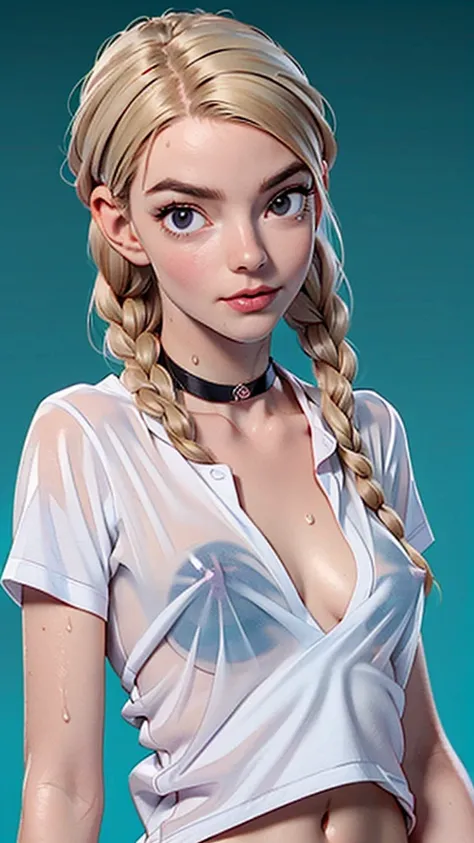 one girl, solo, (open stomach, bare stomach:1.3), slender body, fit body, (upper body, bust:1.2), (black eyes:1.3), blonde hair, (two cute braids:1.2), masterpiece, highly detailed, look at viewer, front view, (small breasts, tiny breasts, male chest, expo...