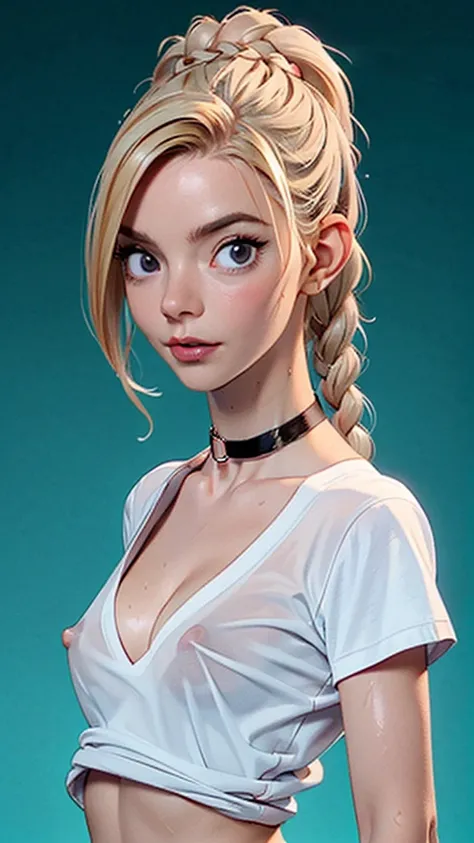 one girl, solo, (open stomach, bare stomach:1.3), slender body, fit body, (upper body, bust:1.2), (black eyes:1.3), blonde hair, (two cute braids:1.2), masterpiece, highly detailed, look at viewer, front view, (small breasts, tiny breasts, male chest, expo...