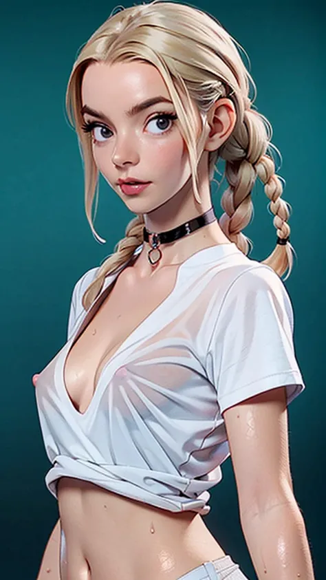 one girl, solo, (open stomach, bare stomach:1.3), slender body, fit body, (upper body, bust:1.2), (black eyes:1.3), blonde hair, (two cute braids:1.2), masterpiece, highly detailed, look at viewer, front view, (small breasts, tiny breasts, male chest, expo...