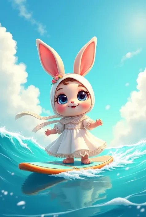 A little rabbit wearing a hijab
Is a cute cartoon character
Wearing a wedding dress
Riding a SUP board
Holding a SUP paddle in the sea