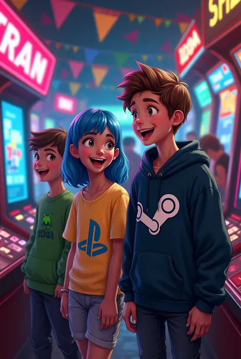 A girl wearing a t-shirt with the PlayStation logo on it accompanied by a boy friend wearing a sweater with the Xbox logo and a girl wearing a t-shirt with the Nintendo logo as well as a boy friend wearing a hoodie with the manga version of the steam logo