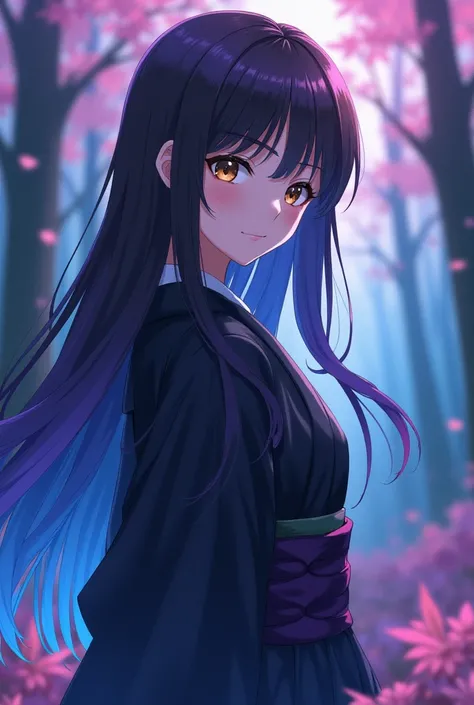 a white skinned girl, with long dark brown hair that turns blue and purple at the tips, with light brown eyes, with a black Haori that fades into blue and purple, She is wearing the Hashira uniform from the anime Demon Slayer