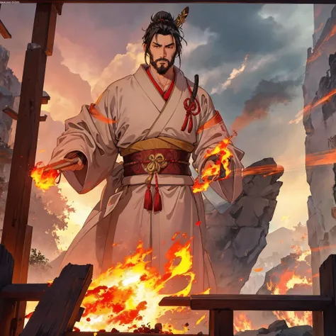 handsome samurai,  8k, hd, unreal engine, fire