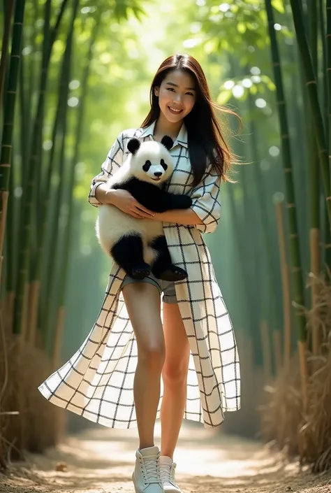 Glamor shot, beautiful Korean girl with white skin, well-groomed face, walking around in the bamboo garden, wearing a white and black checkered long shirt, holding a panda, white Jordan sneakers shorts, looking very happy. Beautiful bamboo forest backgroun...