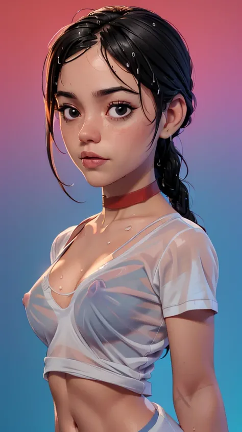 one girl, solo, (open stomach, bare stomach:1.3), slender body, fit body, (upper body, bust:1.2), (black eyes:1.3), black hair, (two cute braids:1.2), masterpiece, highly detailed, look at viewer, front view, (small breasts, tiny breasts, male chest, expos...