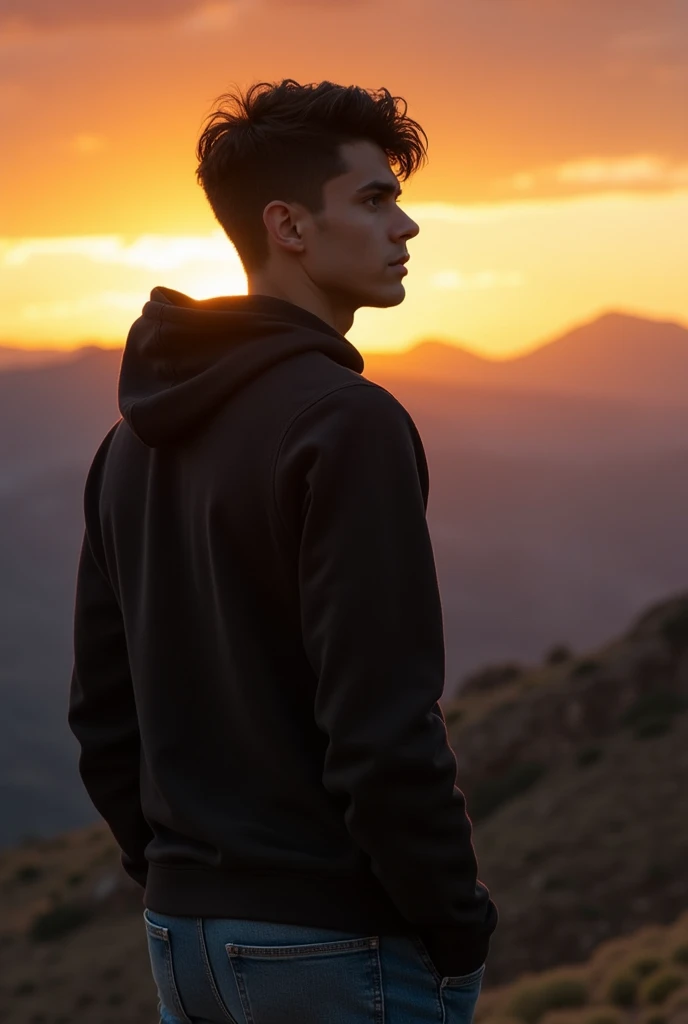 Crée une illustration dun jeune homme aux cheveux courts et aux yeux noirs, portant un sweat-shirt à capuche et un jean. Il a un air déterminé et regarde vers lhorizon