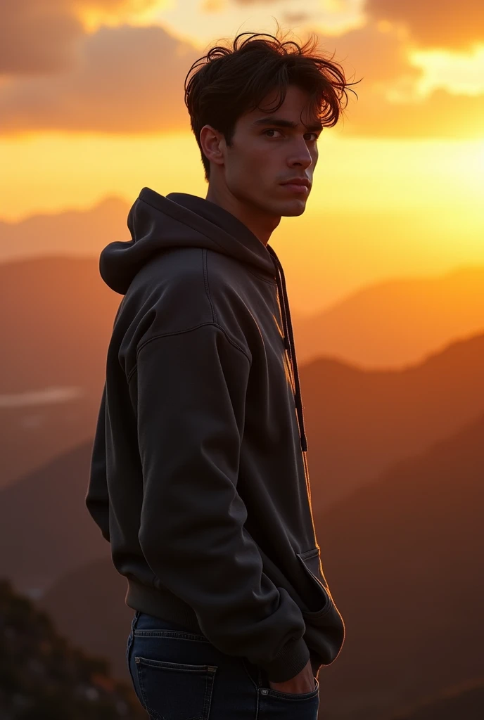 Crée une illustration dun jeune homme aux cheveux courts et aux yeux noirs, portant un sweat-shirt à capuche et un jean. Il a un air déterminé et regarde vers lhorizon