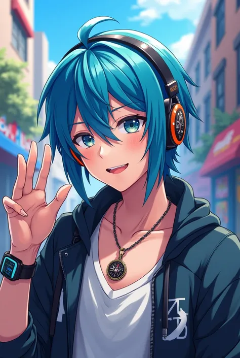 Handsome anime Add headphone  sky blue hair add smile add smartwatch  add v locket add 
jocket