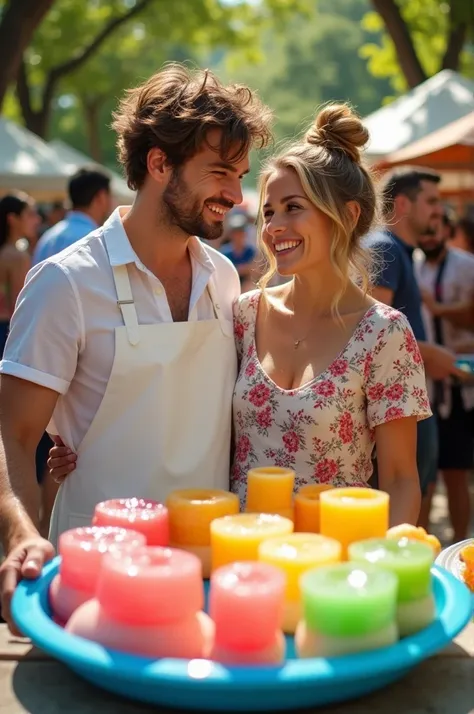 Man and woman selling desserts and gelatin on a blue tray