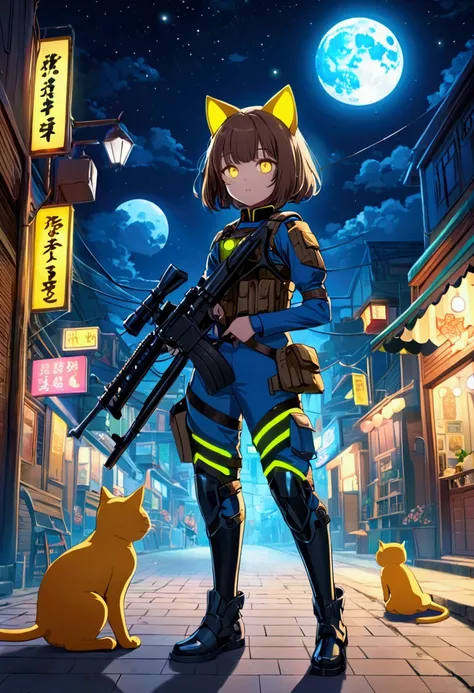 Brown Bob、Tea cat ears、Yellow cat eyes、Blue otherworldly neon combat uniform、rifle、Child clever、night、moon 