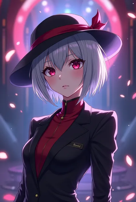 magician、Silver Hair、young woman、Anime characters、Big Breasts、silk hat、suit、Wolf Cut、stylish、Red Mesh、Cunning、Brat