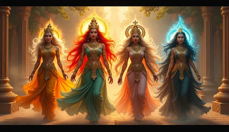 A stunning, cinematic-style thumbnail showcasing four diverse and beautifully detailed Yakshinis, each embodying different traits and powers. The first Yakshini is adorned in gold and green, symbolizing wealth and prosperity, with a serene and inviting exp...