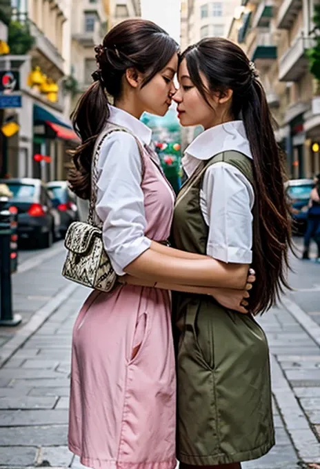 (Highest quality、4K、8k、High resolution、masterpiece:1.2)、Very detailed、(Genuine、Realistic、Realistic:1.3)、Two Women、Stylish clothing、Kissing on a street corner