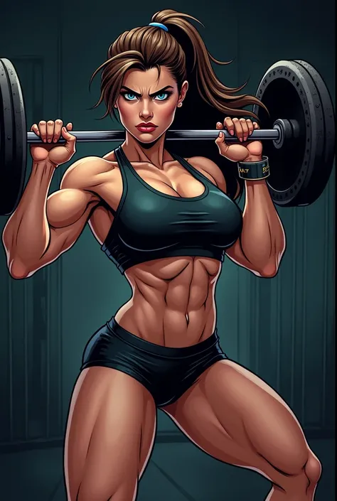 muscular woman, training legs, de top e short, I would like the background of the image to be darker and the whole image to be in an illustration style.