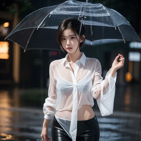 exy pose、Hair getting wet in the rain、Mr.々Hair style、Short Hair、Transparent shirt、Beautiful woman getting wet in the rain、typhoon、Get wet without an umbrella、Beautiful woman in the rain、雨で濡れたBeautyOL、Detailed face、Realistic、beautiful girl、Beauty、Office Lad...