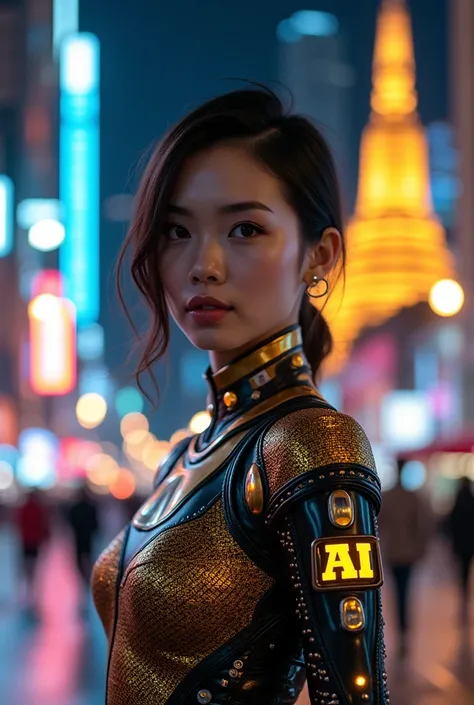 Prompt: Create an image of a Thai woman in the AI era wearing a Thai robotic outfit. The word Ai should be attached to the shoulder of the image, making it look realistic, in a hyperrealistic digital style. The background should be of Thai buildings in Ban...