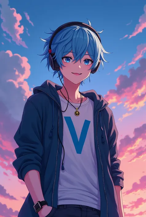 Handsome anime Add headphone  sky blue hair add smile add smartwatch  add v locket add 
jocket add bluefire eyes v tishart