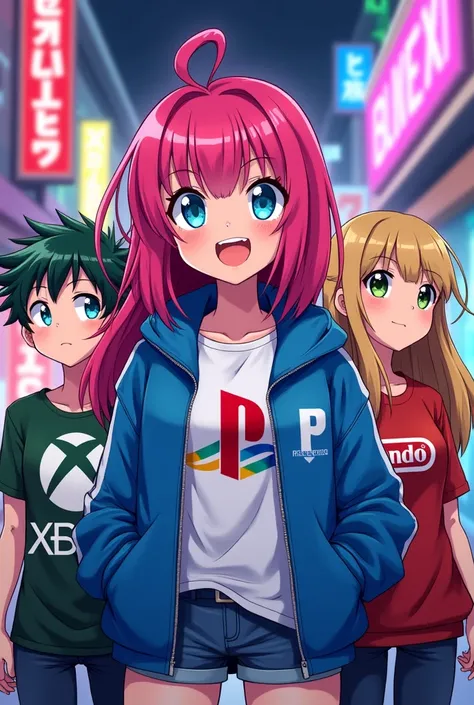 Une fille le logo PlayStation. Im with a boy who wears the Xbox logo, a girl who wears the Nintendo logo, and a boy friend who wears the Steam logo, manga version.