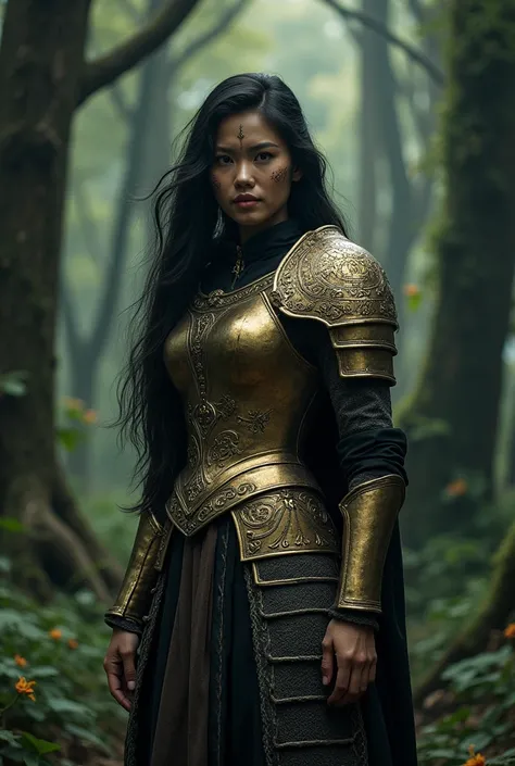 a beautiful Asian woman, dressed in medieval warrior costume, golden metal armor, in the middle of the dark forest