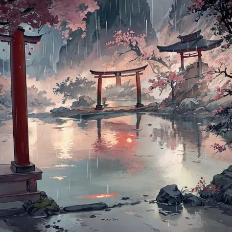 river, flowers,  8k, hd, unreal engine, moon, rain, red tone, japanese temple torii gate