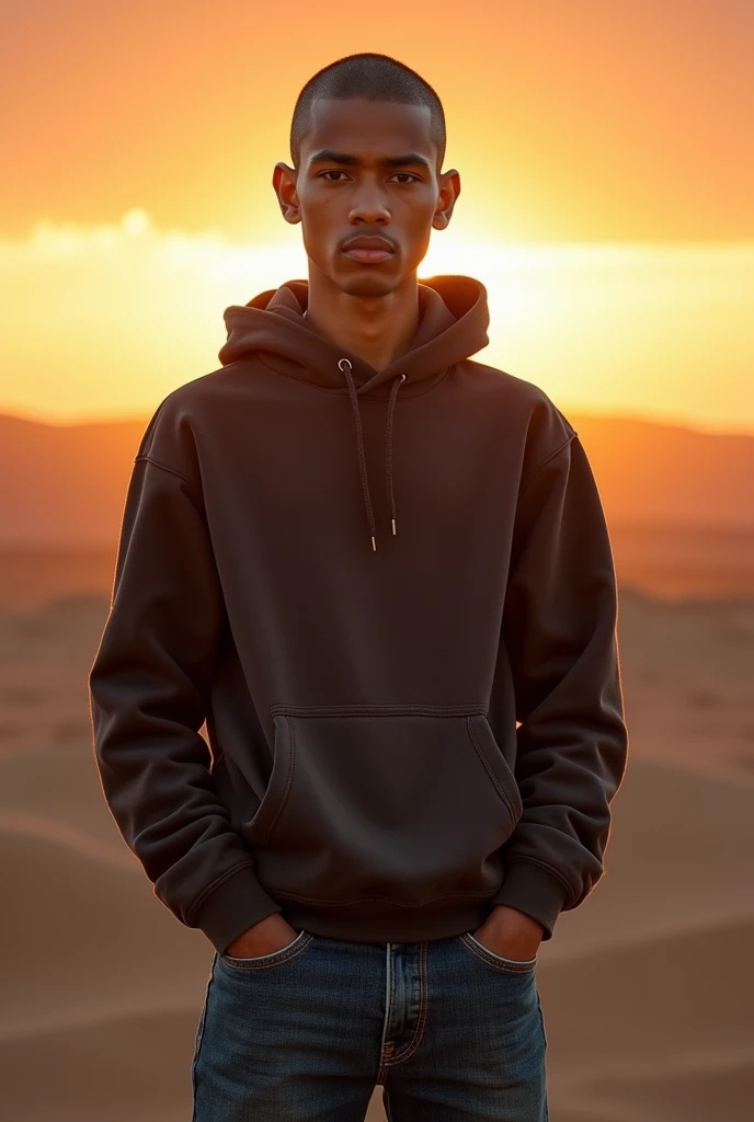 Create a realistic photo of a young man of Moroccan nationality with a gaunt face, a shaved head, and black eyes., portant un sweat-shirt à capuche et un jean. Il a un air déterminé et regarde vers lhorizon de corpulence moyenne et grand 