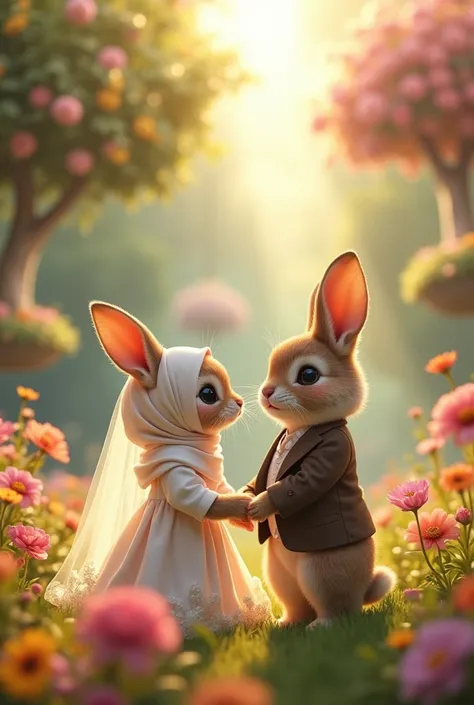 The little bunny wearing a hijab
Wearing a wedding dress
In a garden outside the floating trees
With her prince