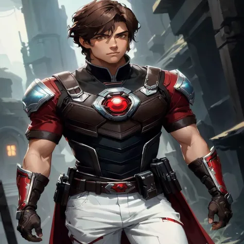 A late-adolescent prince with medium-length brown hair, brown eyes, Caucasian, muscular build, bare biceps, red and black shirt, futuristic silver cuirass, white pants, red and black boots, fingerless gloves, masterpiece, best quality, (extremely detailed ...