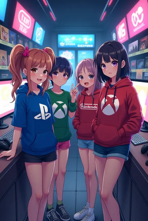 Une fille le logo PlayStation. Im with a boy who wears the Xbox logo, a girl who wears the Nintendo logo, and a boy friend who wears the Steam logo, manga version.