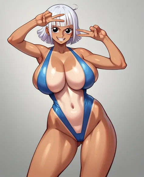 Huge breasts, tan, tanned skin, tan lines, one piece swimsuit tan lines, swimsuit, V shaped swimsuit, tiny swimsuit, exposing too much skin, exposing navel, no underwear except for ultra thin V front micro plunge., ((super thin V front micro plunge only)),...