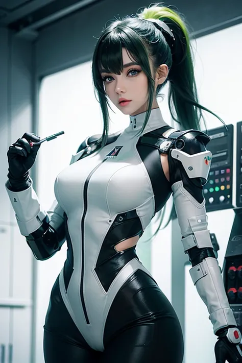 Young woman, makeup, neckline, white and black tight clothes, stands in a white room of a chemical laboratory, futuristic style, cgmech, cybernetic implants for arms and neck, green hair, mohawk hairstyle