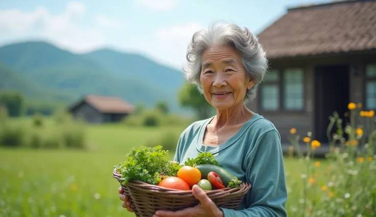 A simple, perm-haired Korean grandmother in her 60s, living in the countryside, facing the camera