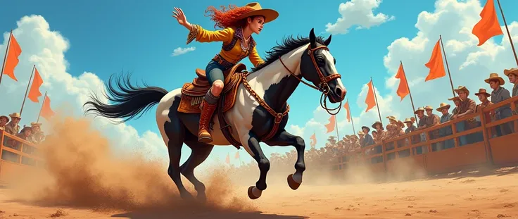 an image of a cowgirl riding a pinto horse inside a rodeo, skillfully taming it. The cowgirl has red hair with loose curls, and she wears a fringed vest, a belt with a large buckle, and cowboy boots. The horse is agile and sleek, with black and white spots...