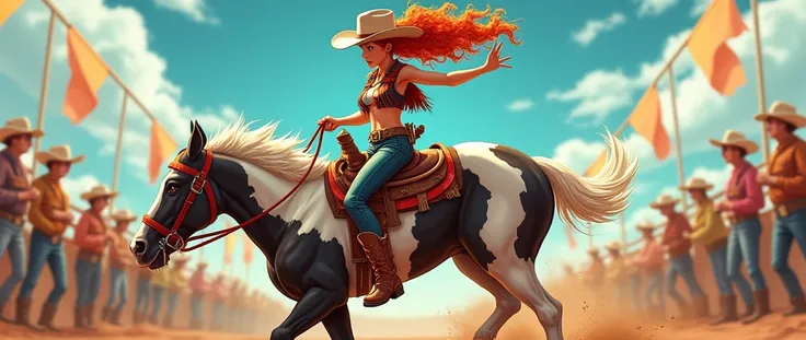 an image of a cowgirl riding a pinto horse inside a rodeo, skillfully taming it. The cowgirl has red hair with loose curls, and she wears a fringed vest, a belt with a large buckle, and cowboy boots. The horse is agile and sleek, with black and white spots...