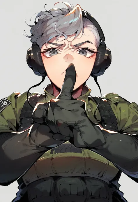 score_9,score_8_up,score_7_up, low angle pov, shushing gesture, crouch position, finger on mouth, asian older woman Special Ops in black tactical stealth suit pointing a knife at you, slight wrinkles. headphones, serious expression, one messy bun with grey...