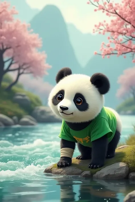 A panda wearing a green shirt with an injured leg,Standing by the river,Facing the river,Fear of crossing the river,Cute realistic style,Chinese style in the background