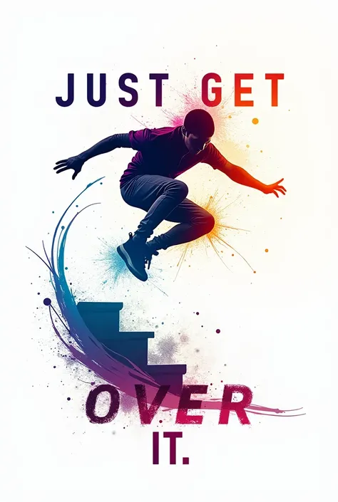 À Parkour design which is dynamic, visually striking and energetic. It includes a graphic design element in the center and a Parkour expert. The title circles the design and says "Just Get Over It". It is set on a plain white background. 