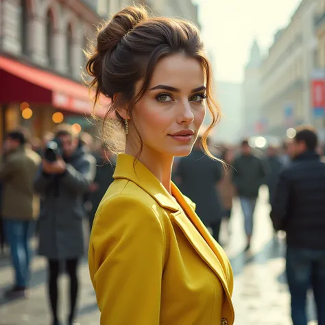 photo of beautiful  woman, (bckygrebmargom), (on a Moscow street:1.1), perfect hair, hair upsweep updo, wearing sexy Chartreuse (shoulder sash), (paparazzi in background:1.1), (face focus), modelshoot style, (extremely detailed CG unity 8k wallpaper), prof...