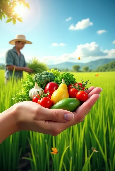 Create a Poster:
theme: "Choose Local Food, Support Our Farmers!"
visual: Image of a hand holding local harvest like rice, vegetables, or fruits with a background of a farmer in a rice field or garden.
Main Message: "By choosing local food, You are not onl...