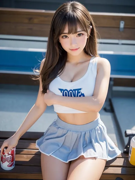 Product quality,1 girl,Cheerleader,Cowboy Shot,Young and cute Japanese,20-year-old,((Stadium bench background:1.2)),A small smile,cheer leading,break,Place the pom-poms,Sit on a bench,Wipe the sweat with a towel,Drink a sports drink,Complete off-shot,Cheer...