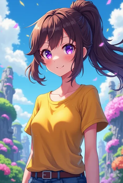 Gamer , Anime girl , brown hair colour , hair bun style , yellow T-shirt , purple eyes , empty eye lens , uncaring eye , smile 
