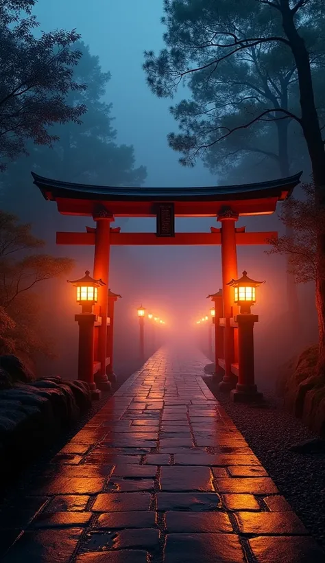 Japanese Torii Gate illuminated by lanterns at night,Misty and, HD, 4K,Realistic 