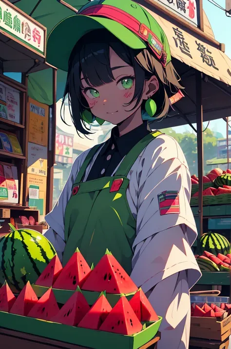 Juice wagon sales、Watermelon juice、Black Bob Cut、Pin your bangs in place、Beautiful round green eyes、Laugh hard、Earrings、Wearing uniform、Watermelon-colored stripes、Cricket cap、The sign reads in large white font in capital letters "COOL "、prosperous store、Br...