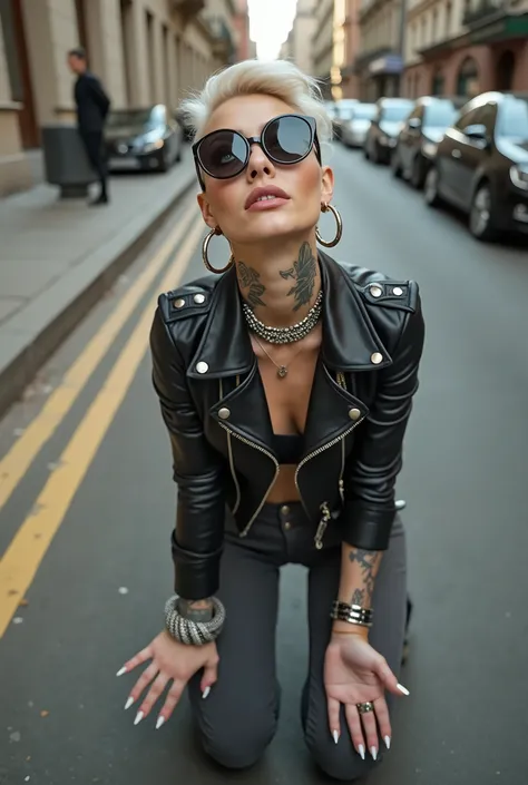 russian milf woman, platinum blonde hair (huge top bun) and sunglasses as headband (big maxi glasses), with very light blue eyes, extremely pale. Wearing cropped black moto jacket, black bra, dark grey jeans and pointy Chelsea boots with cuban heels . Lots...