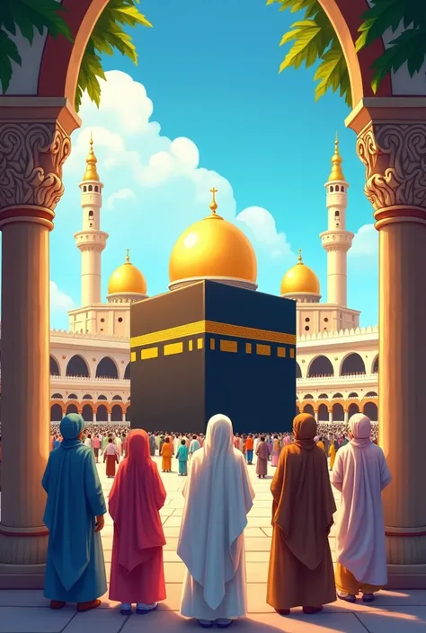 Baitul aqsa, kaba and masjide nababi. These 3 mosques will be in a same frame. Cartoon painting style. For a childrens book cover. There will be muslim children. Aqsa and mosjide nababi should be there for must

