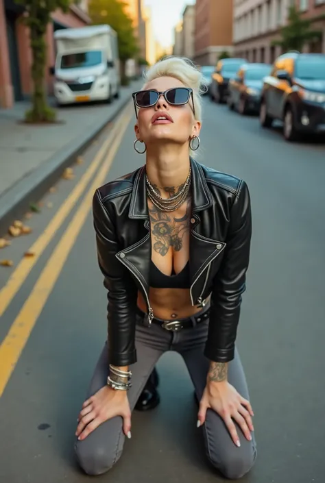 russian milf woman, platinum blonde hair (huge top bun) and sunglasses as headband (big maxi glasses), with very light blue eyes, extremely pale. Wearing cropped black moto jacket, black bra, dark grey jeans and pointy Chelsea boots with cuban heels . Lots...