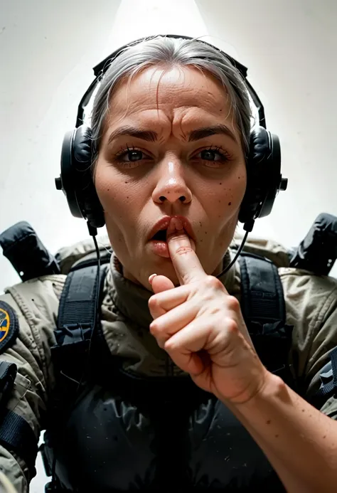 low angle pov, shushing gesture, crouch position, finger on mouth, asian older woman special ops in black tactical stealth suit ...