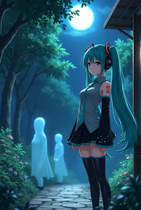 Anime art, anime style, detailed drawing, beautiful forest background background, high definition, high quality, one girl, solo, Hatsune Miku, aqua hair, twin tails, head ornament, headphones, number tattoo "01" (red, located on her right hand), grey sleev...