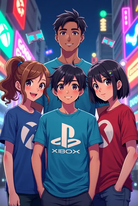 Une fille le logo PlayStation. Im with a boy who wears the Xbox logo, a girl who wears the Nintendo logo, and a boy friend who wears the Steam logo, manga version.