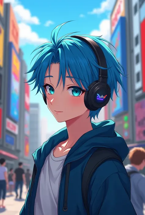 Handsome boy anime add headphone and blue hair shining