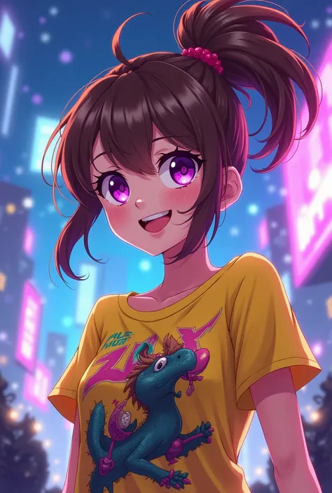 Gamer , Anime girl , brown hair colour , ponytail hair style , yellow T-shirt , purple eyes , empty eye lens , uncaring eye , smile 
